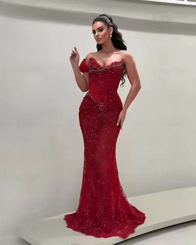 Bespoke Customized Red Prom Dress With Corset 2026 One Shoulder Lace Beaded Party Dresses Mermaid Lace Evening Gown Arabic Dress