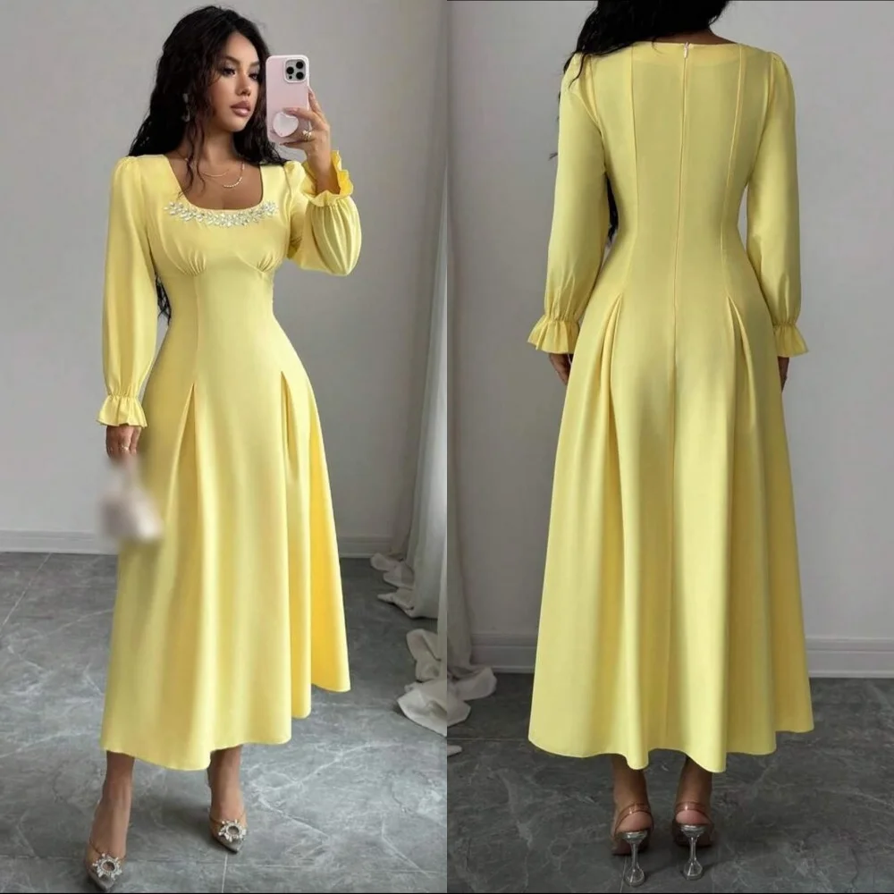 Customized Classic Exquisite Jersey Sequined Pleat A-line Square Neck Midi Dresses Bespoke Occasion Retro