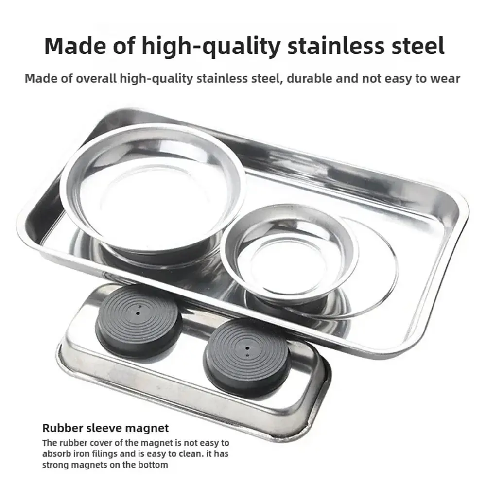 1Pcs Round Square Magnetic Parts Tray Silver Multifunctional Tool Organizer Magnet Stainless Steel Parts Bowl
