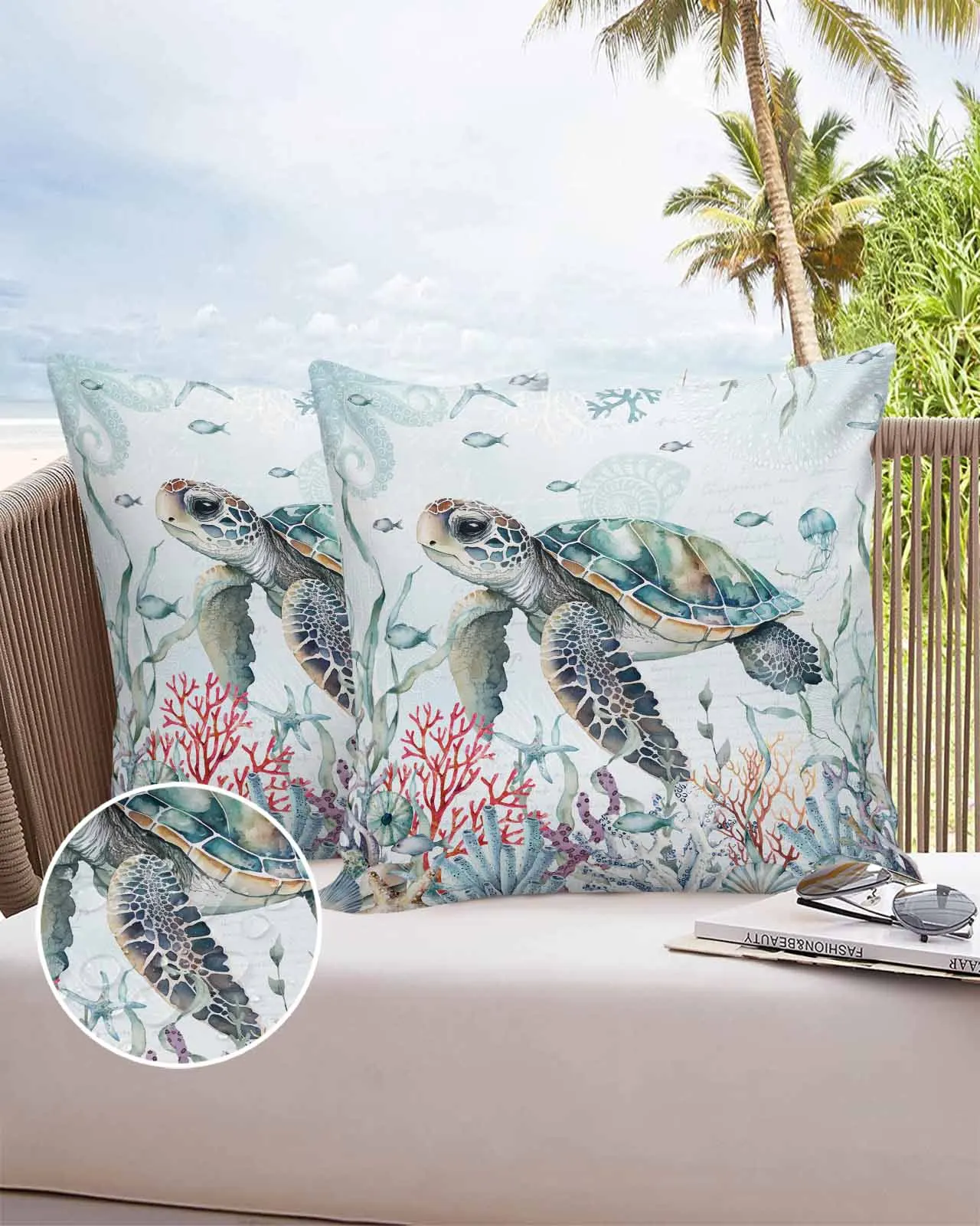 Summer Ocean Coral Sea Star Sea Turtle 2/4PCS Outdoor Pillowcase Waterproof Sofa Pillow Cover Garden Cushion Covers Home Decor