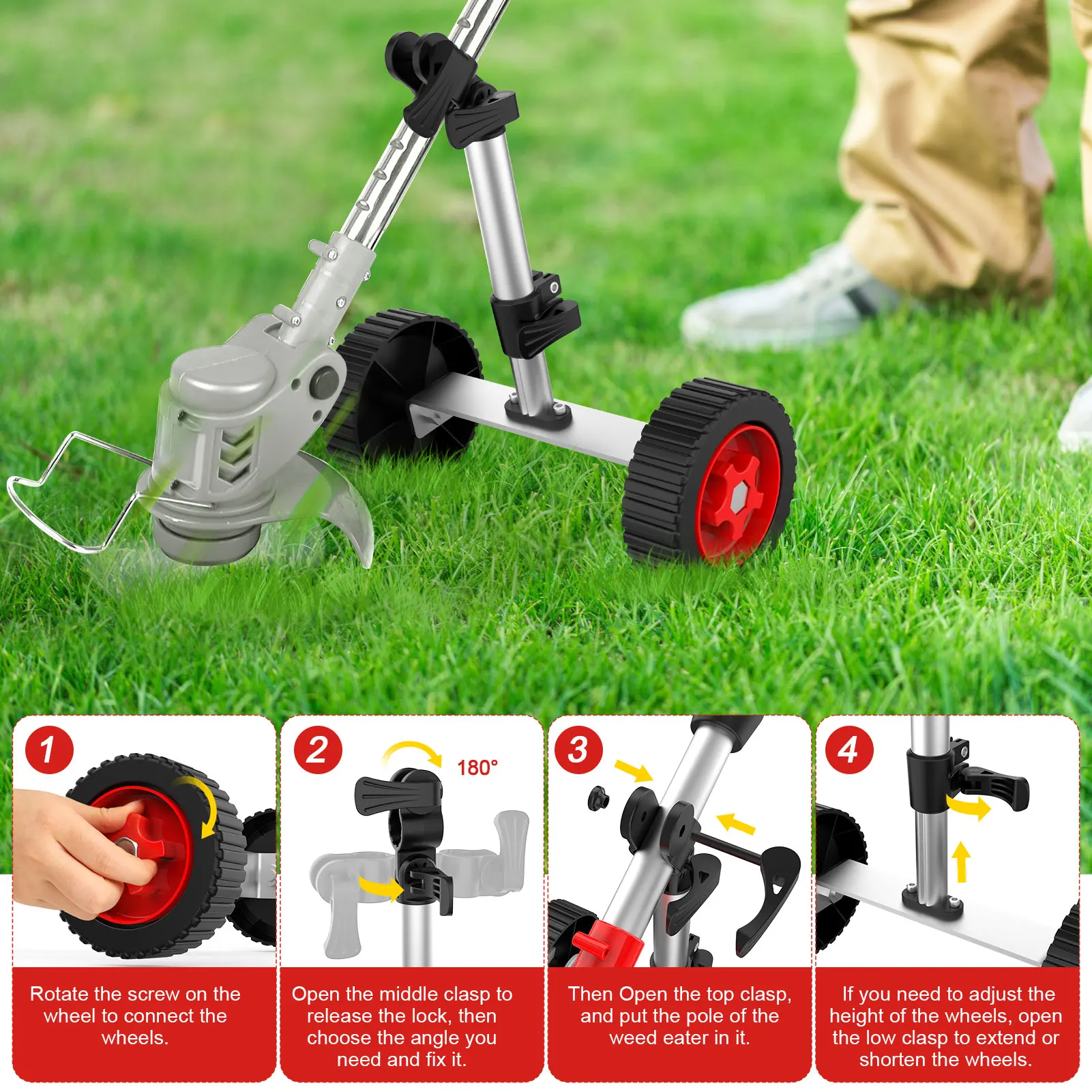 Universal Metal Wheels for String Trimmer Grass Eater Weed wacker Adjustable Height and Angle for tube 26mm(1 inch) 30mm(1.2”)