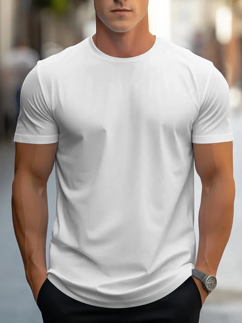 Summer short-sleeved T-shirt round neck men's solid color design fashionable and simple casual daily versatile fabric soft