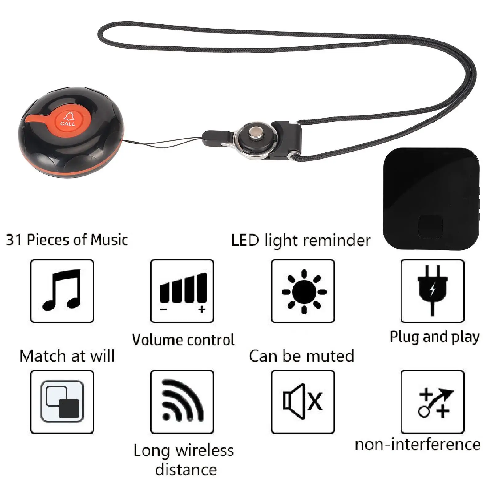 Wireless Caregiver Pager System - Smart SOS Call Button with LED Light Reminder, 1 Transmitter & 1 Receiver, 100-240V