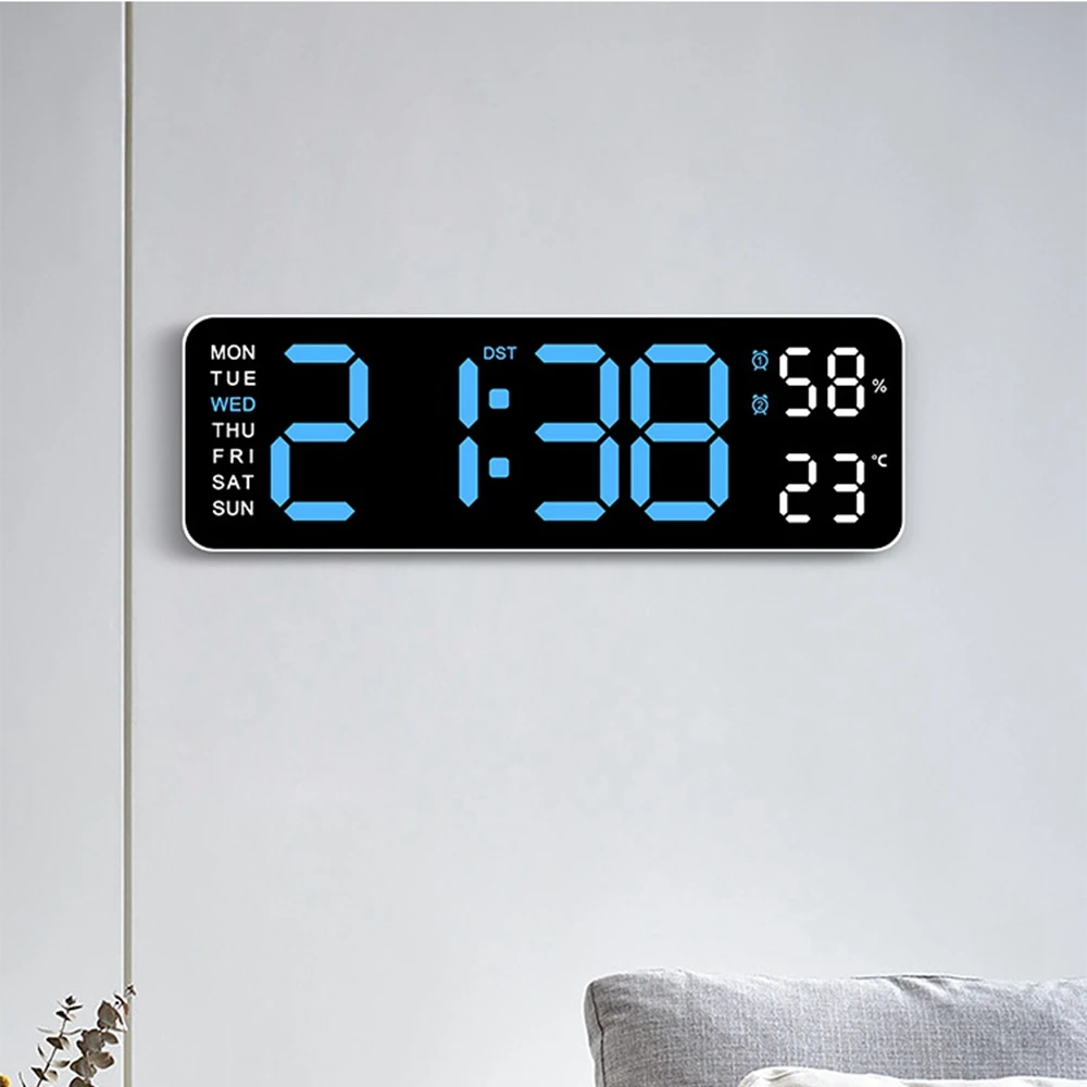 Large Digital Alarm Clocks Temperature and Humidity Week Display LED Wall-mounted Wall Clock Brightness Adjustable 12/24H