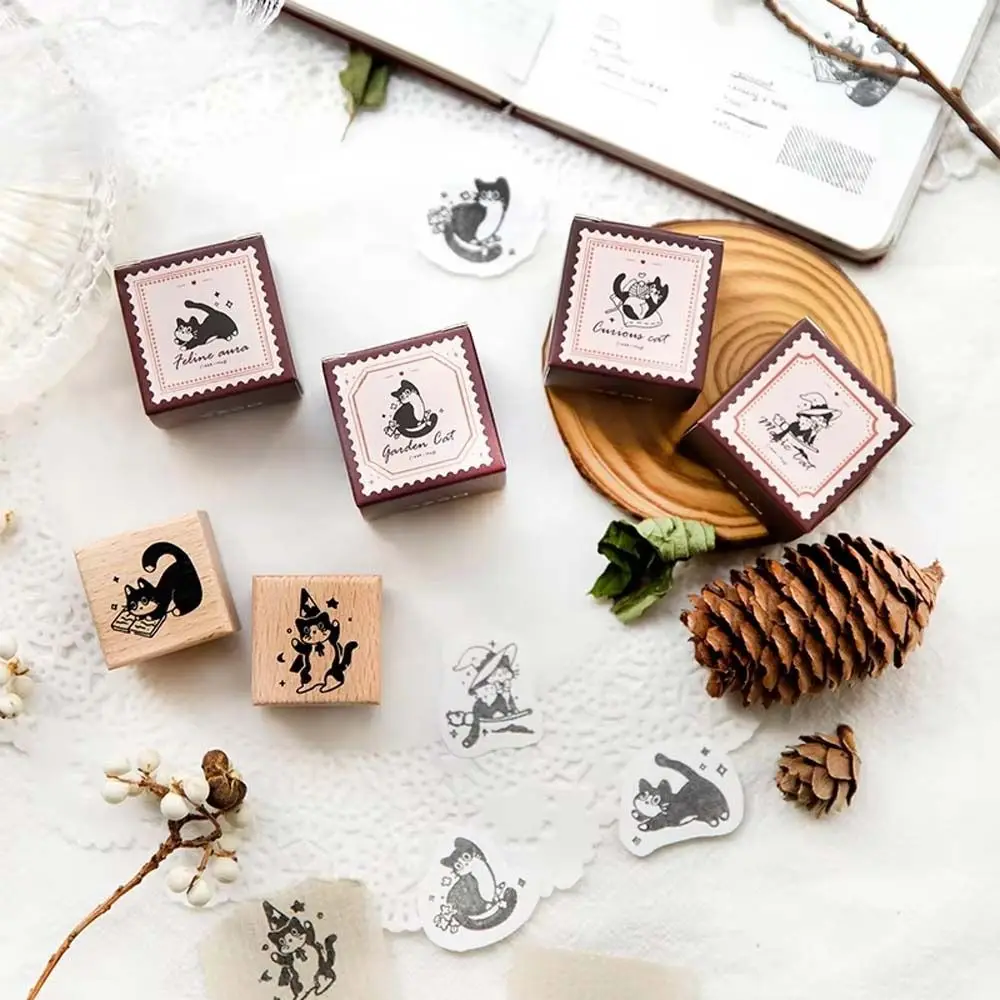 Diy Craft Black Cat Stamps Cute Pet Retro Vintage Wooden Rubber Stamps Animal Shape Kitten Cat Seal Stamping Journal Stationery