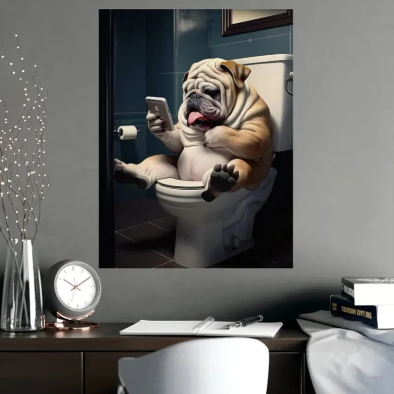 Funny Animal on Toilet Poster Cute Dog Cat Reading Newspaper Playing Cell Phone Canvas Painting Wall Art for Bathroom Home Decor