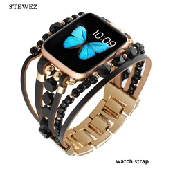 Metal Strap for Apple Watch Band Creative Flat Bead Steel Bracelet for Iwatch9876543SE Ultra Women Pearl for Series40 41 44 45mm