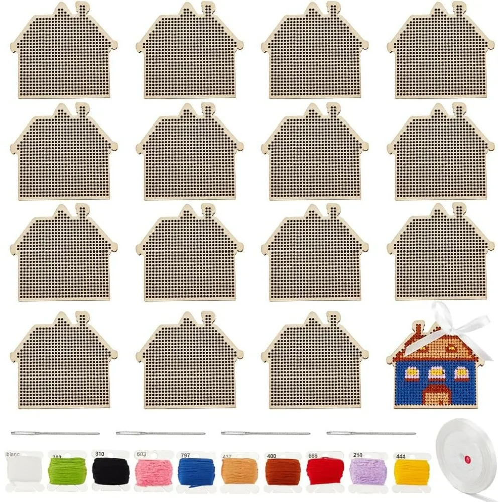 31pcs House Wooden Cross-stitch Blanks Set DIY Cross-Stitch Kits Cross Stitch Embroidery Kits Include Embroidery Cord Knitting