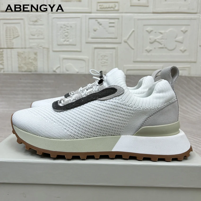 Hot Sale Knitted Flat Platform Loafers Shoes Women Lace Up Holiday Mules Shoes Casual Comfort Vacation Walking Shoes For Woman