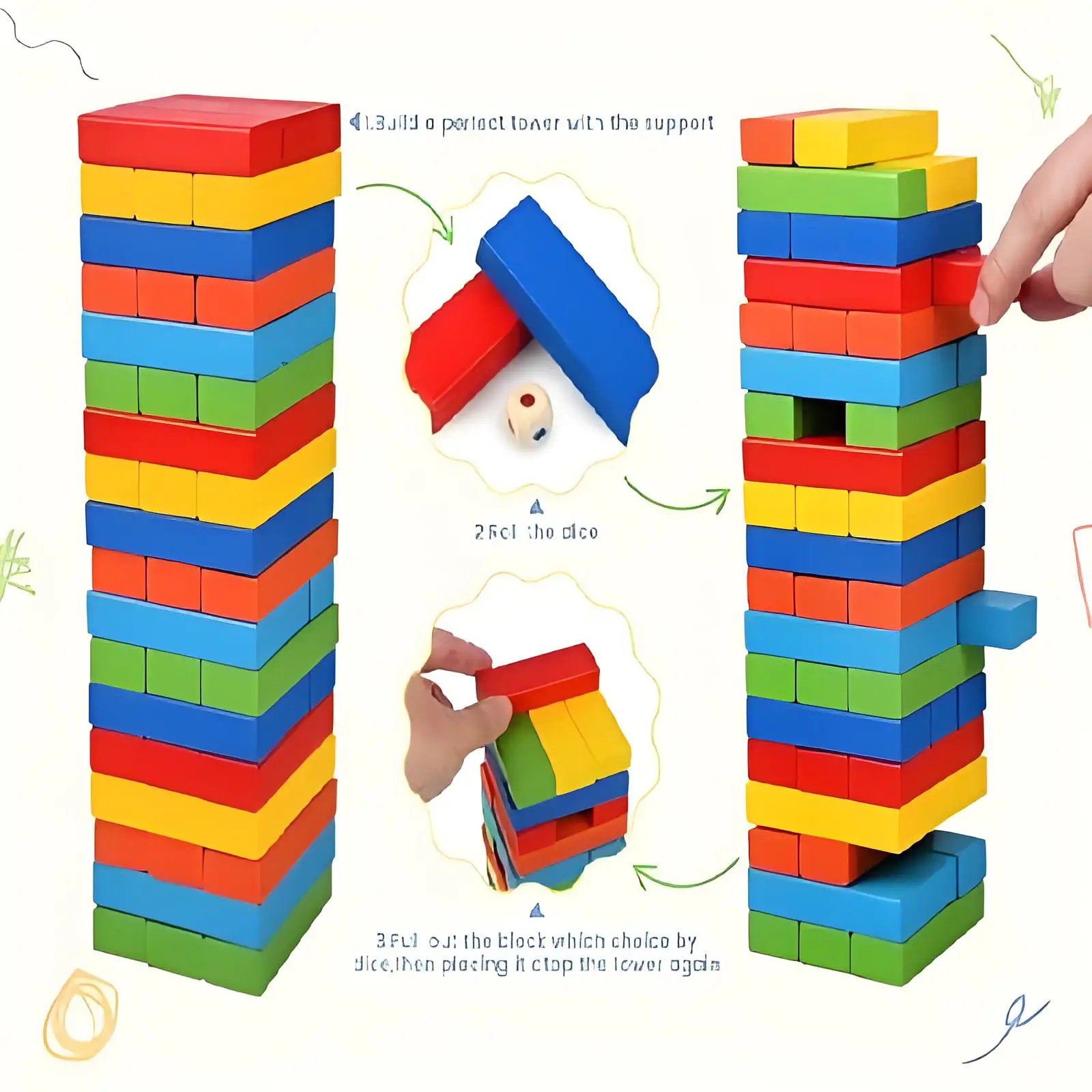 Jogo de empilhamento de madeira de 54 peças, torre de blocos de equilíbrio coloridos para noite de jogo familiar-brinquedo educacional STEM para crianças e adultos