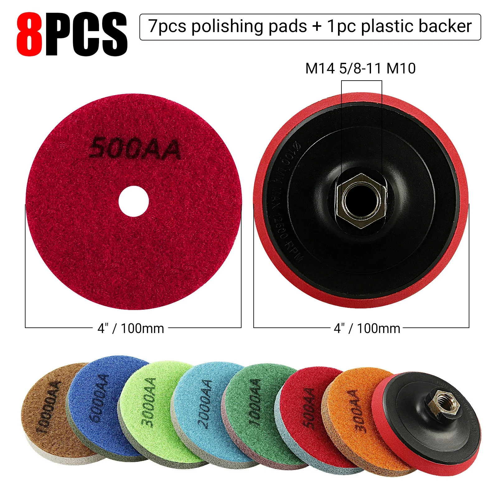 LOZLIN 8PCS Diamond Polishing Pads Wet/Dry for Granite Marble Concrete Stone M14/M10/5/8-11 Spindle Thread Grinding Discs Set