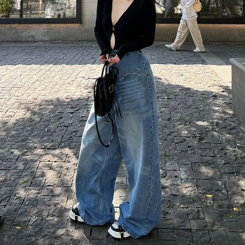 HOUZHOU Vintage Baggy Jeans for Women Y2K Streetwear Washed High Waist Loose Pocket Wide Leg Jeans Casual Korean Denim Trousers