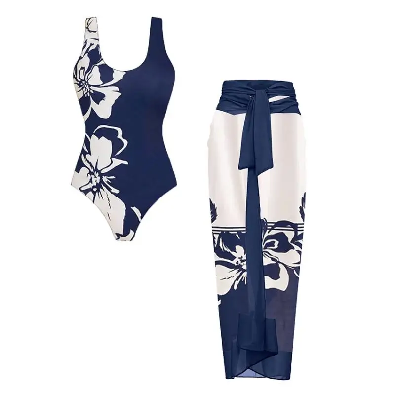 Flaxmaker Women Summer Swimsuit Set(s) 2026 Ladies Round Neck Casual Flower Printed Swimwear And Skirt Biquini conjunto de