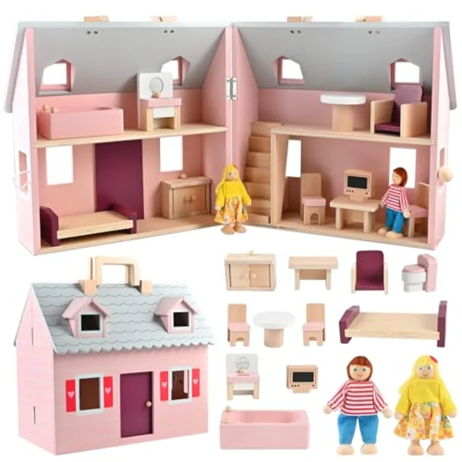 

Foldable Wooden Dollhouse for Ages 3+ Wooden Dollhouse with Wooden Furniture Ideal Gift for Boys Girls Natural Wood Finish