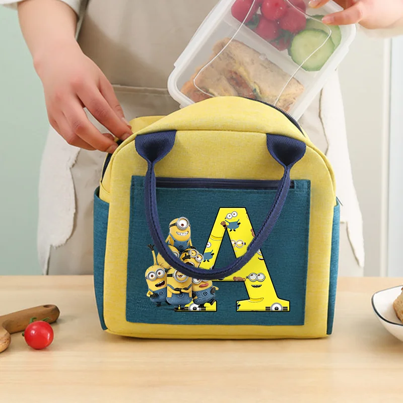 Minionses lancheira térmica refrigeradora anime carta A-Z impressão cor bloqueando lancheira grande capacidade piquenique escola escritório sacolas