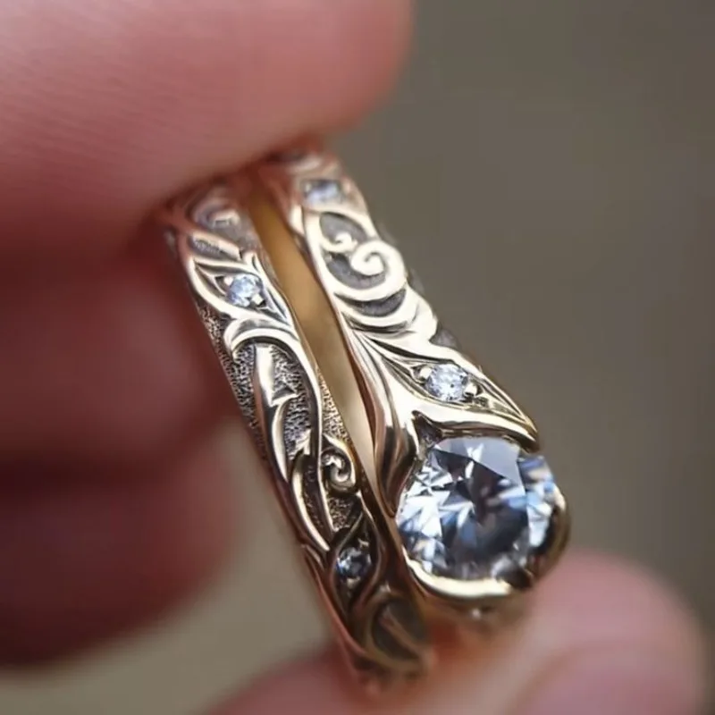 خواتم زهرة ذهبية اللون عتيقة للنساء عصرية مستديرة مرصعة بحجر أبيض مجموعة خواتم حفلات إبداعية شخصية مجوهرات #2