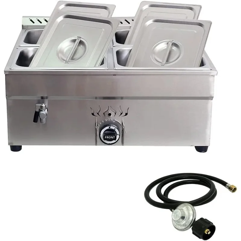 

Propane Food Warmer Bain Marie Commercial Steam Heater Soup Stove for Canteen Buffet 12.8x10.5x4inch Pan 4 Pan Double Rows