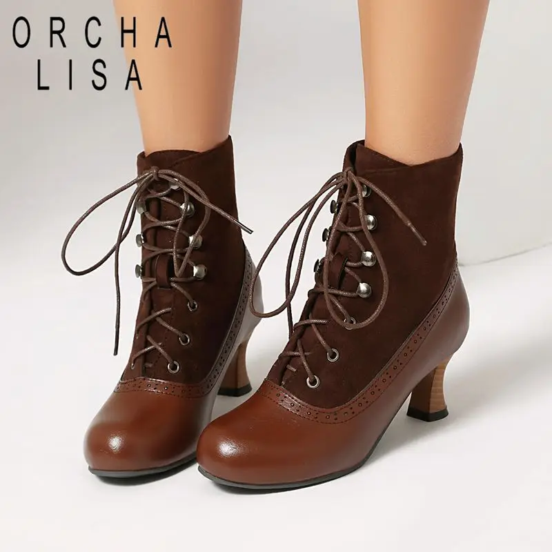 

ORCHA LISA 2025 Retro-Inspired Women's Ankle Boots Round Toe 5.5cm Strange Heel Lace Up Mixed Color Big Size 46-48 Leisure