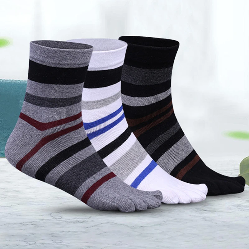 Short Mans Casual Toe Socks Striped Five Finger Socks Cotton Breathable Business Crew Socks With Toes Deodorant Hosiery