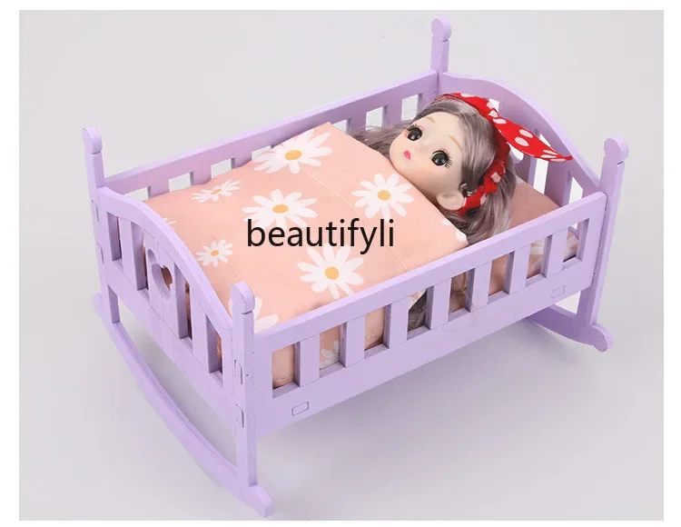 Wooden doll girl bed princess cot cosplay wooden baby crib children play house toys