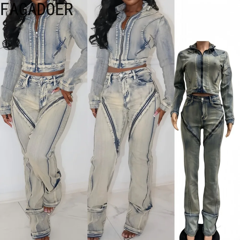 FAGADOER Vintage Fashion Denim 2 Piece Sets Woman Outfit Zipper Irregular Patchwork Jacket + Straight Jeans Suits Streetwear New