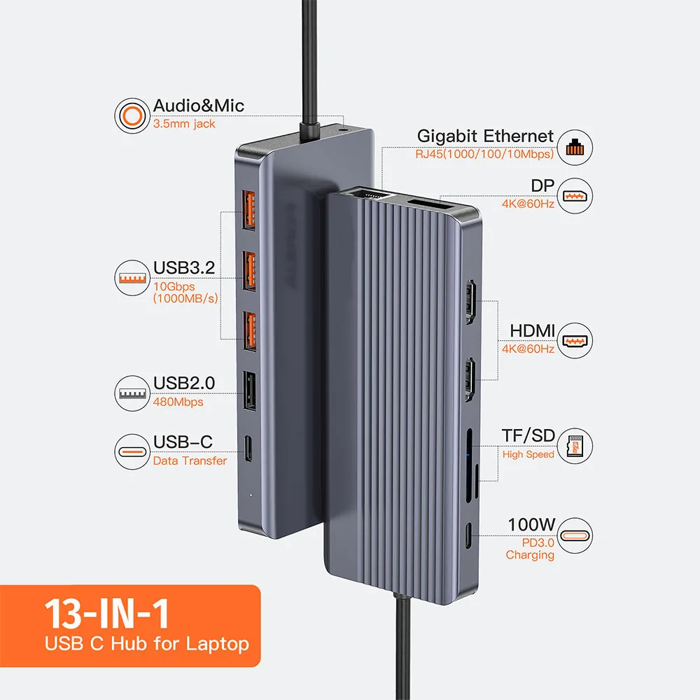 Getatek 맥북 프로용 도킹 스테이션-듀얼 4K60Hz HDMI 호환 DP USB 3.2 허브, 이더넷 PD 100W 어댑터, USB C 허브, 13 인 1