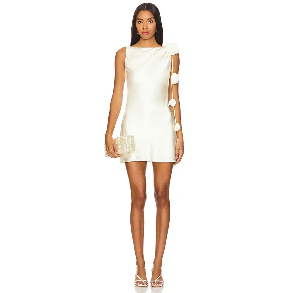 Elegante feminino sem mangas preto cetim mini vestido plissado de alta qualidade tridimensional flor nicho high-end vestido de noite