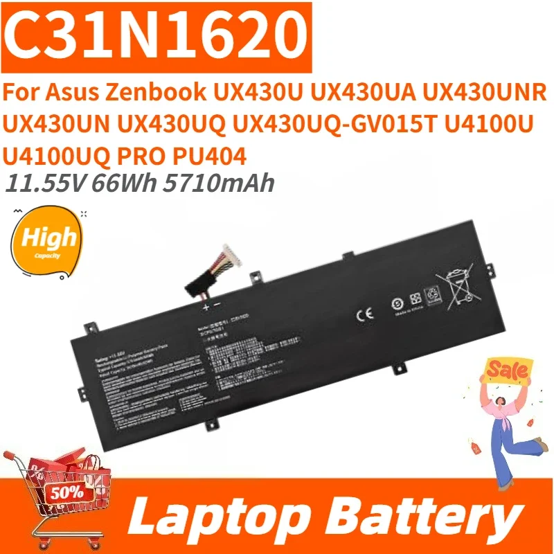 

High Capacity 11.55V 66Wh 5710mAh Laptop Battery C31N1620 For Asus Zenbook UX430UQ UX430U UX430UQ-GV015T U4100UQ PRO U4100U