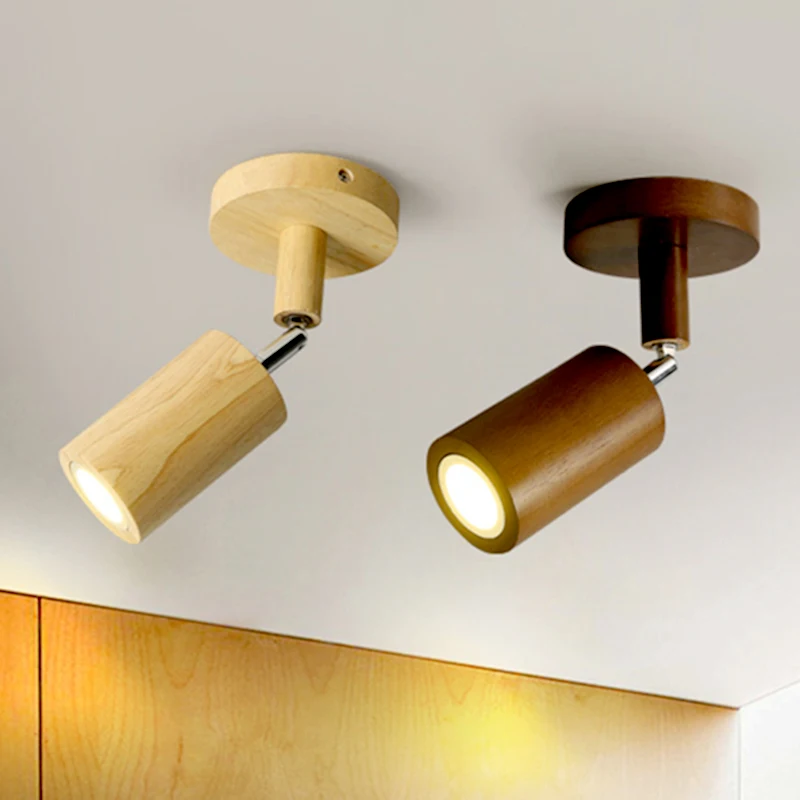 Nordic LED Wall Lamp Solid Wood Ceiling Spotlight Indoor Adjustable Surface-mounted Wall Lights Aisle Stairs Home Decor Sconces