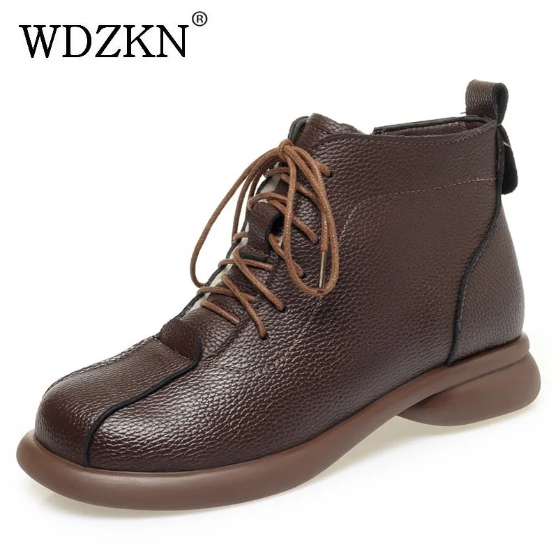 

WDZKN Women Snow Boots Winter Warm Wool Shoes Round Toe Genuine Leather Flats Heel Shearling Fur Ankle Cotton Boots Big Size 43