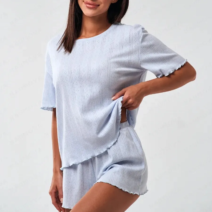 

Pajamas Women's Summer Cotton-containing Comfortable Crimped Five-quarter-sleeved Shorts Woman Nightwear Loose Clothes for Sleep