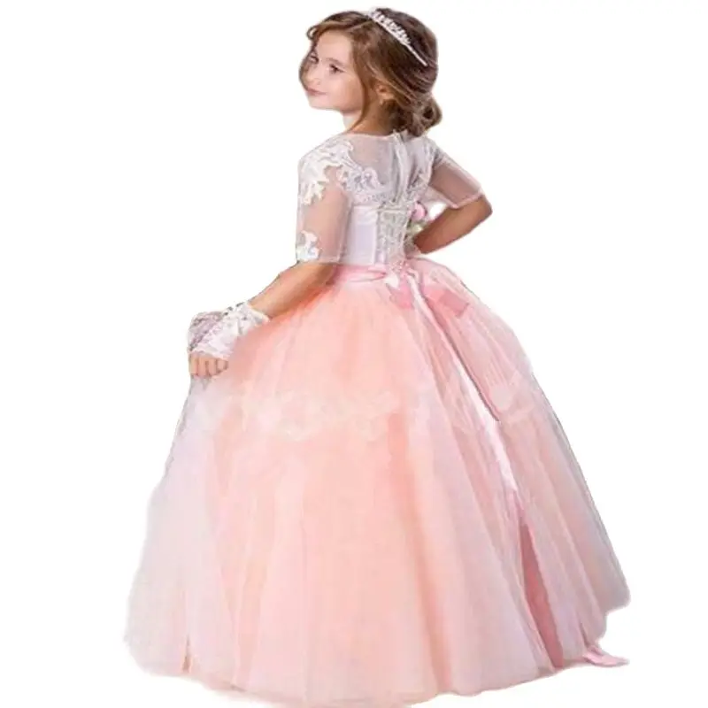 

Simple Lace Flower Girl Dresses Applique Half Sleeves Fluffy Tulle Princess Pageant Birthday Holy First Communion Party