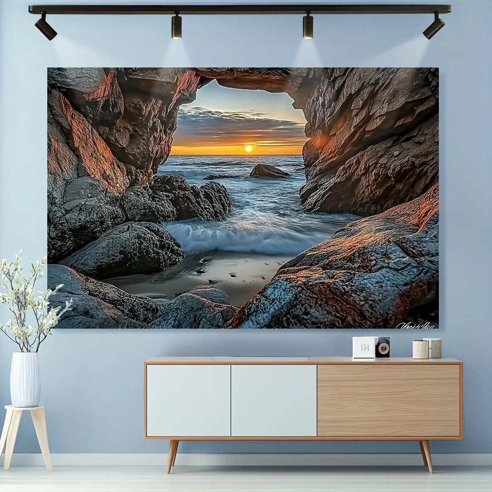 Ocean Cave Sunset Beach Tapestry Rocky Shoreline Sea View Wall Hanging Coastal Decor Living Room Art Print
