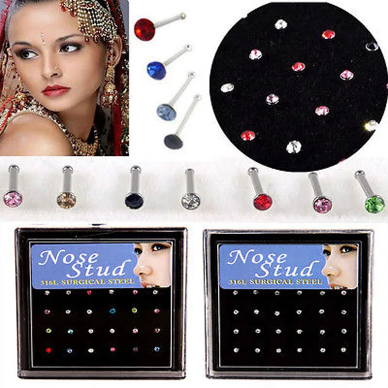 24pcs Crystal Nose Ring & Studs Fashion Body Women Girl Jewelry Stainless Surgical Steel Nose Piercing Colorful Rhinestone