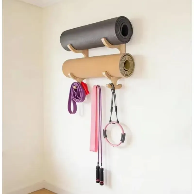 Modern Wooden Multi-layer Wall Mounted Yoga Mat Rack Home Gym Storage Solution Black Wood Bracket Organizer Shelf