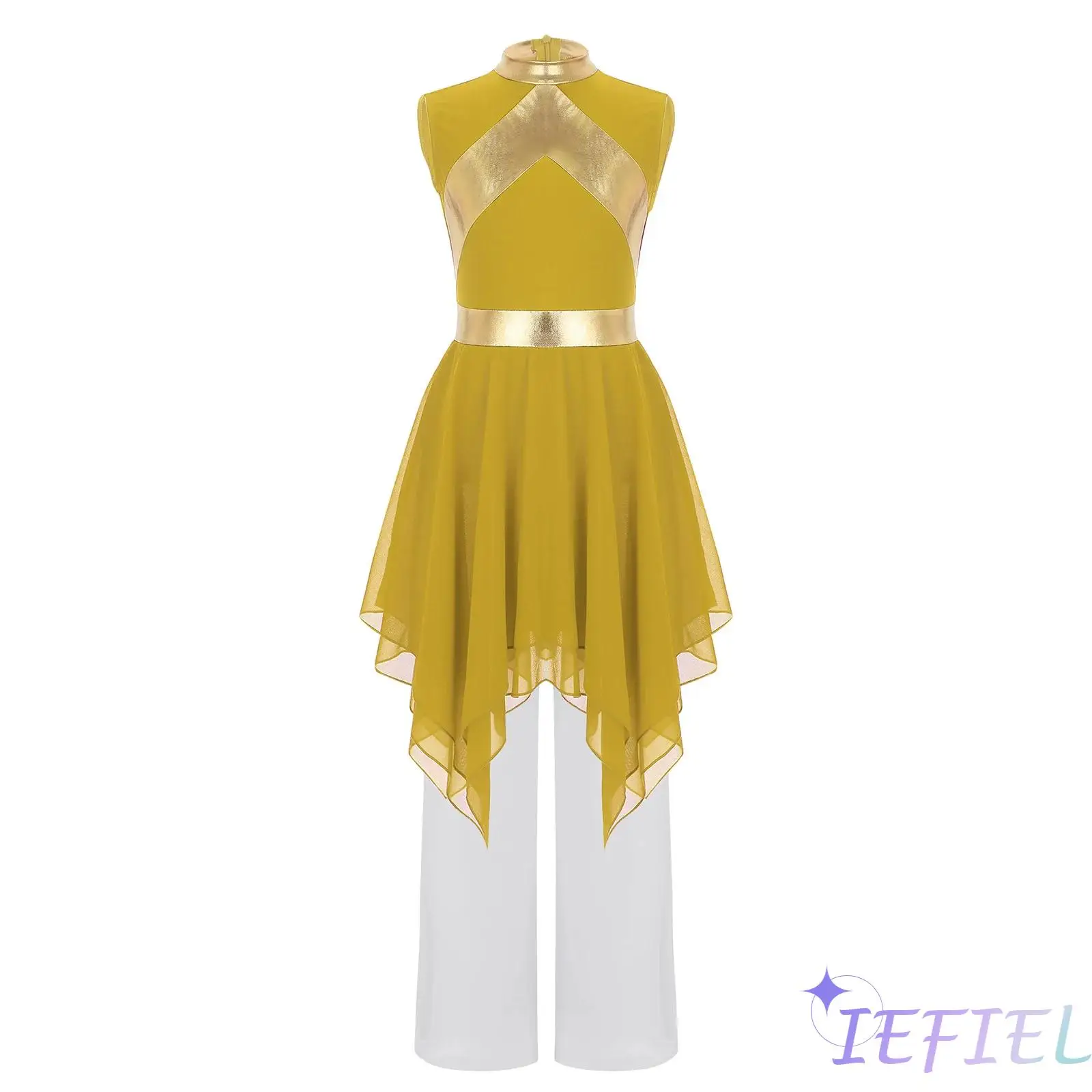 أطفال فتاة العبادة الثناء الرقص الزي لامع التباين اللون أكمام غير المتكافئة هيم فستان + بنطال ذو قصة أرجل واسعة لأحداث الكنيسة