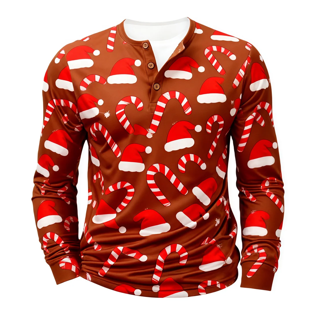 

2025 New Christmas Style Men's Henry Shirts 3D Print Men's Long Sleeve T-shirt Casual Loose Men's Tops Trend Cool Men's Clothing
