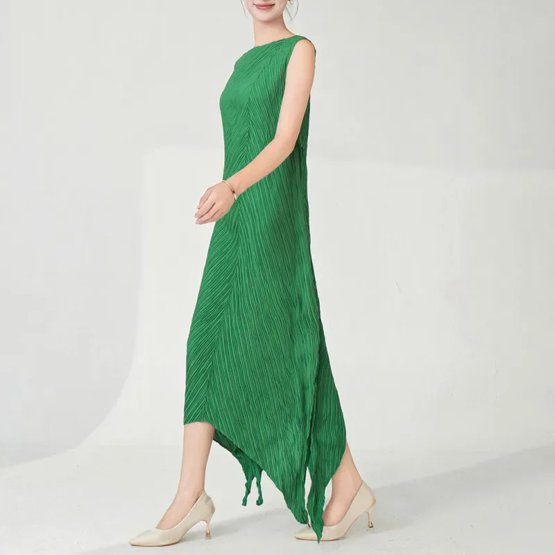 ALSEY 三宅不規則なプリーツ固体女性のドレス 2025 夏波ラウンドネックノースリーブルーズウエストファッション A ラインドレス