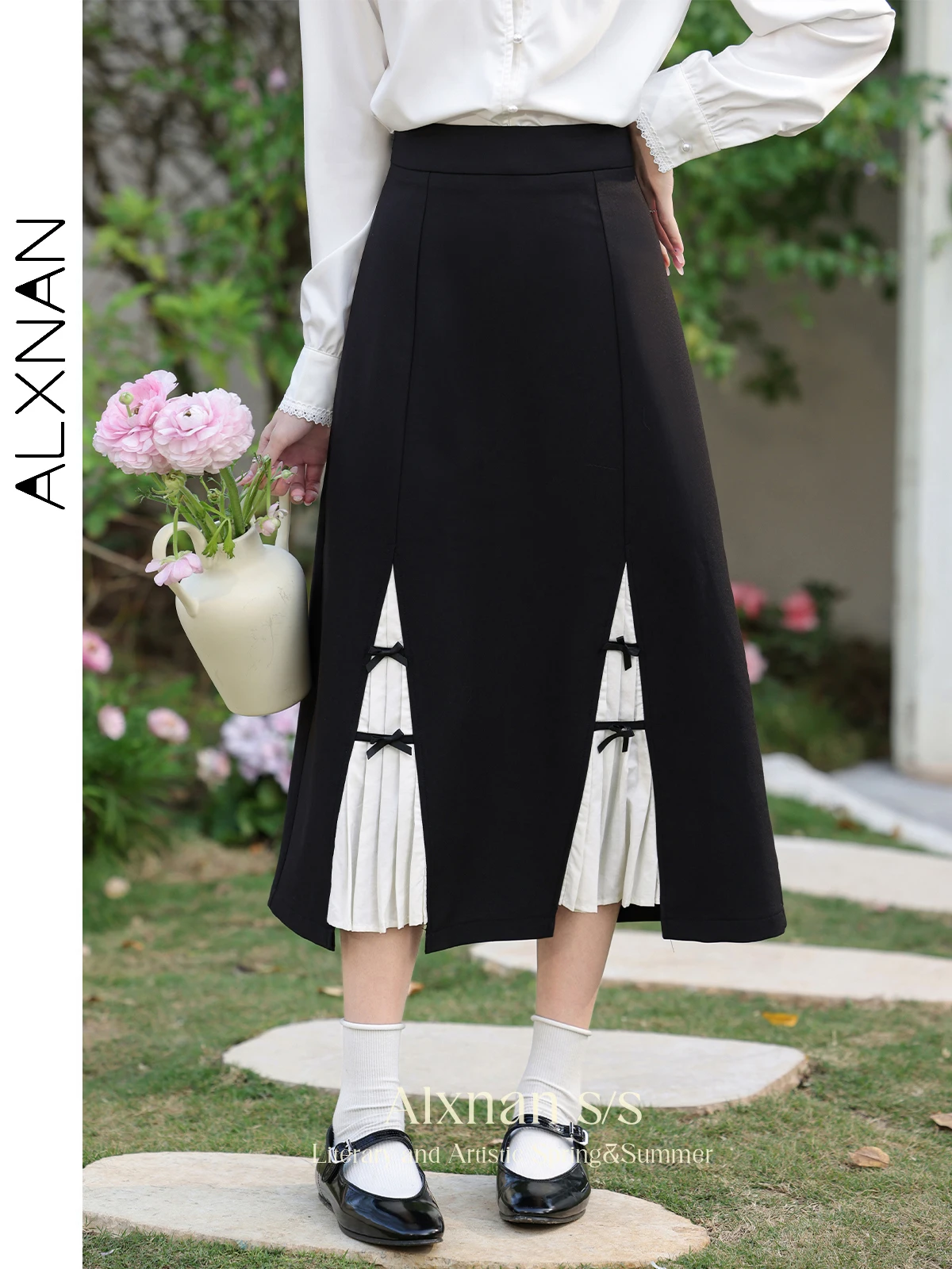 

ALXNAN Patchwork Skirts for Women 2024 Spring New Midi Black Elegant A-line Temperament Commuting Skirt Female Clothing L33893