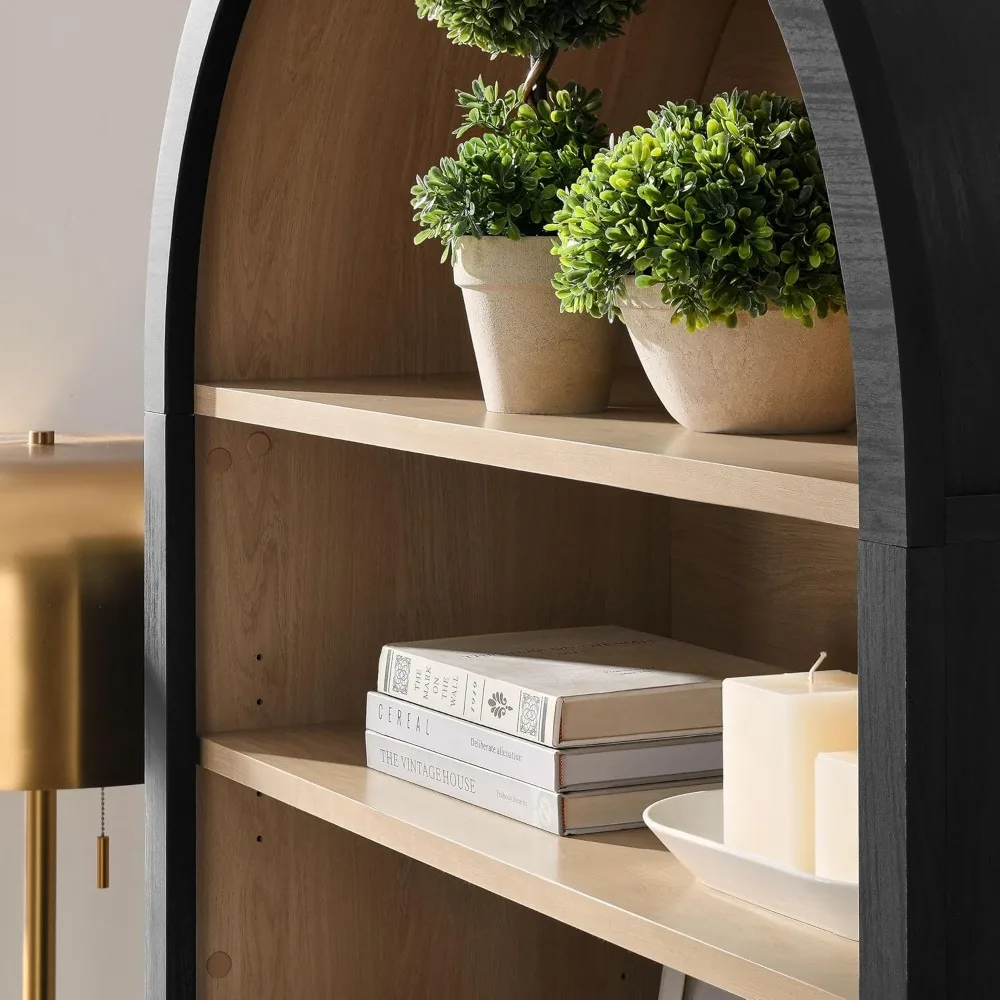 Nolan Tall Arched Storage Display Cabinet in Black - 74 Inch Arch Bookshelf with Open and Closed Shelving - Modern Accent Cabin