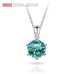 GIGAJEWE Moissanite Round Cut Natural Cyan Color 8.0mm 2.0ct18K White Gold Plated Silver Engagement Necklace Woman Girl Gift