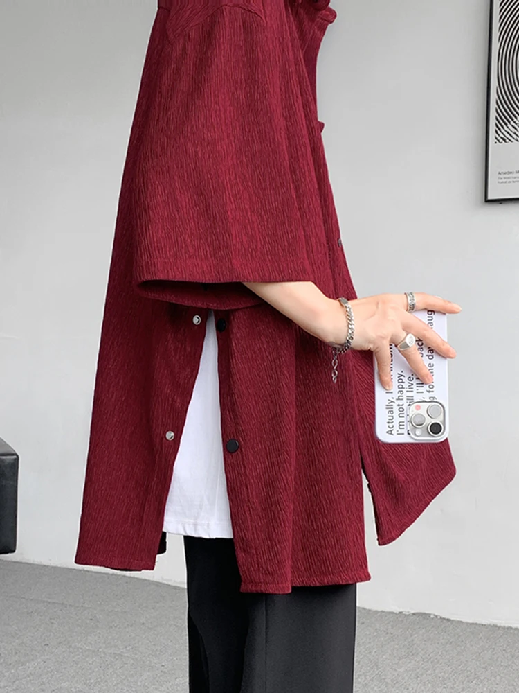 

Red Ice Silk Men's ort Sve irt with Slit Casual Summer Faion Hiphop Couple Outerwear Breathable Street Sle Polyest...