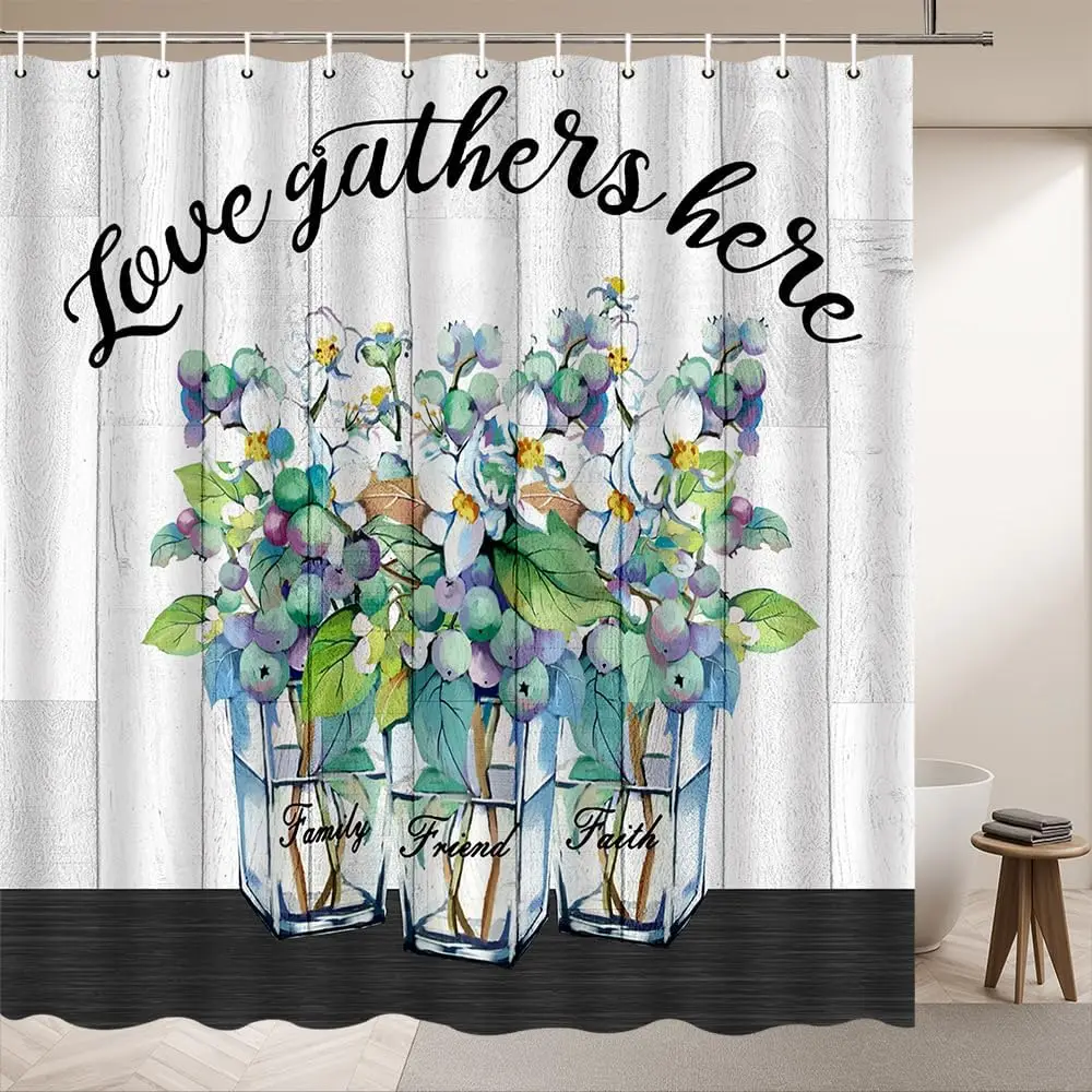 Watercolor Flower Plants Shower Curtains Vase Plants Rustic Vintage Wooden Panel Background Pattern Bathroom Decor Polyester