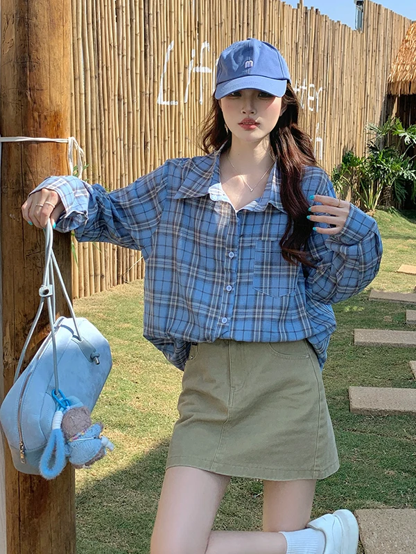 

plus Size Plaid Casual Shirt Jacket Women's Early Spring New Vintage Loose Slimming Long Sleeve Top College Style Outerwear