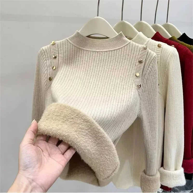 

2024 Winter New Sweater Women Elegant Thicken Velvet Lined Warm Sueter Knitted Pullover Slim Tops Jersey Knitwear Jumper