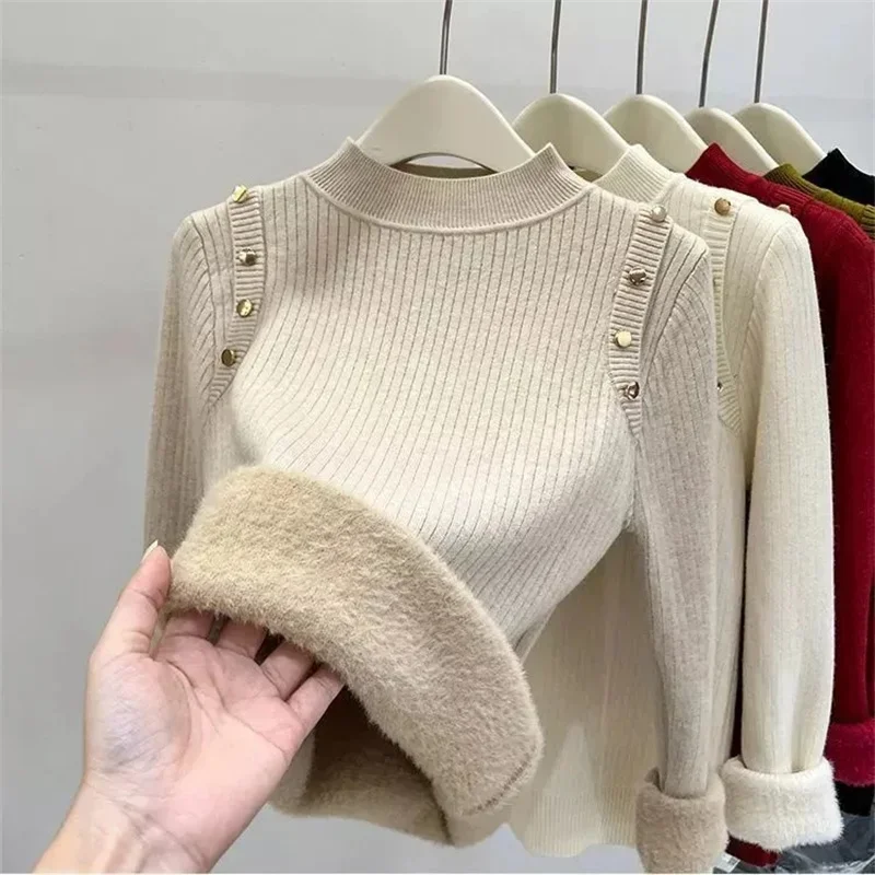 2024 Winter Nieuwe Trui Dames Elegant Dik Fluwelen Gevoerd Warm Sueter Gebreide Pullover Slanke Tops Jersey Gebreide Trui