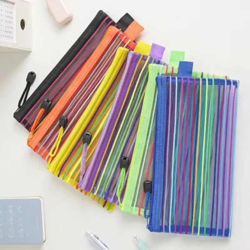 

10Pcs Colorful Rainbow Strips Pattern Pencil Bag Zipper Fashion Stationery Cosmetics Organizer Bag Pouch Pens Storage Holder Bag