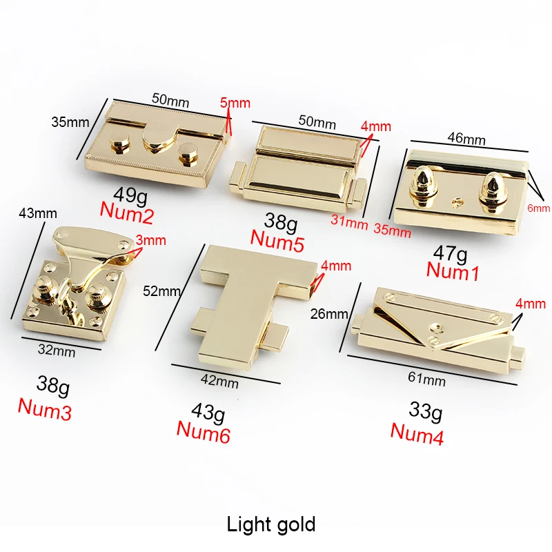 5-10-30sets 6 Size Light gold Durable And Variety Stylish Hardware Square Triangle Metal Snap Locks Press Lock For Bag