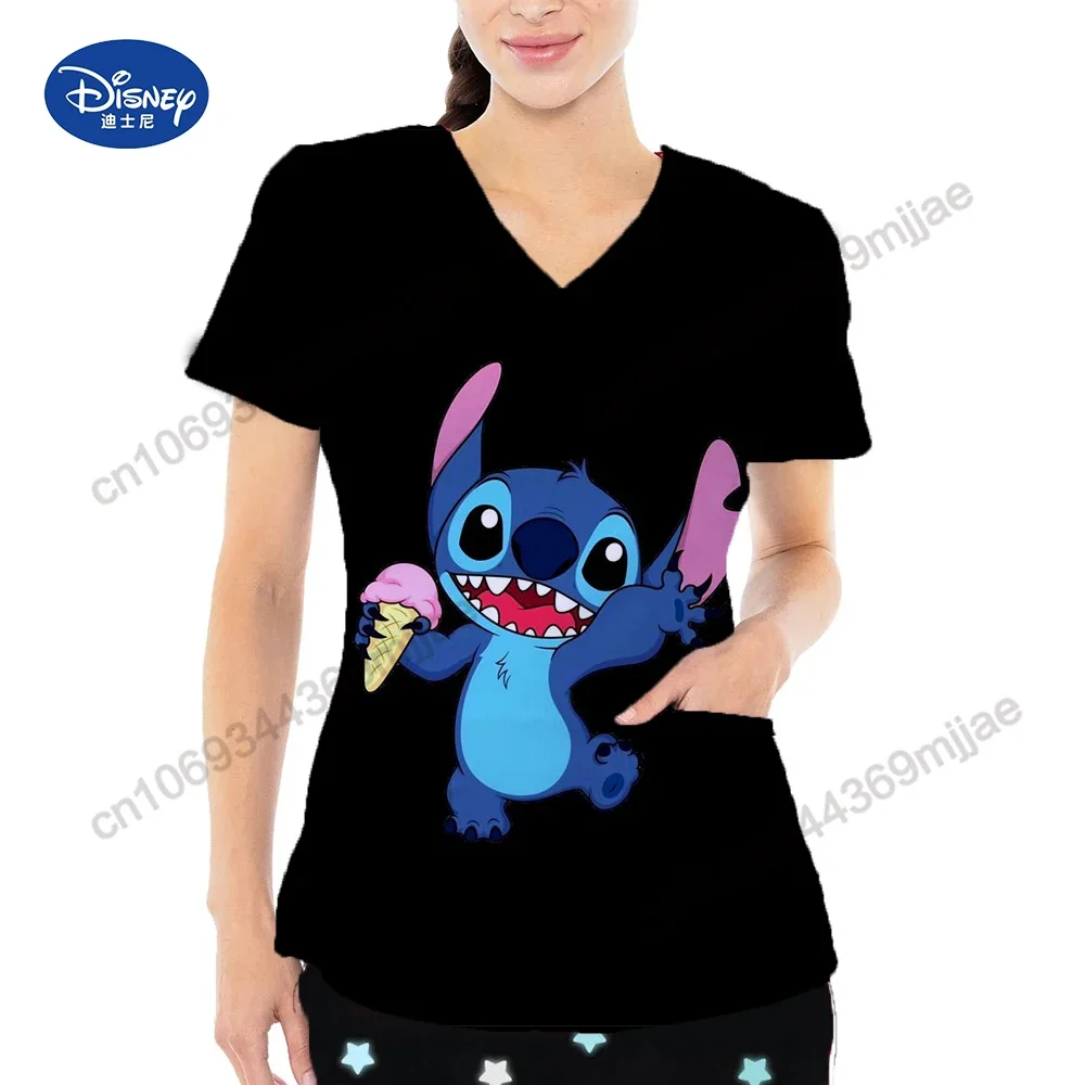 2024 New casual comfortable nurse uniform V-neck Large pocket design T-shirt Disney cartoon print pattern short sleeved T-shirt