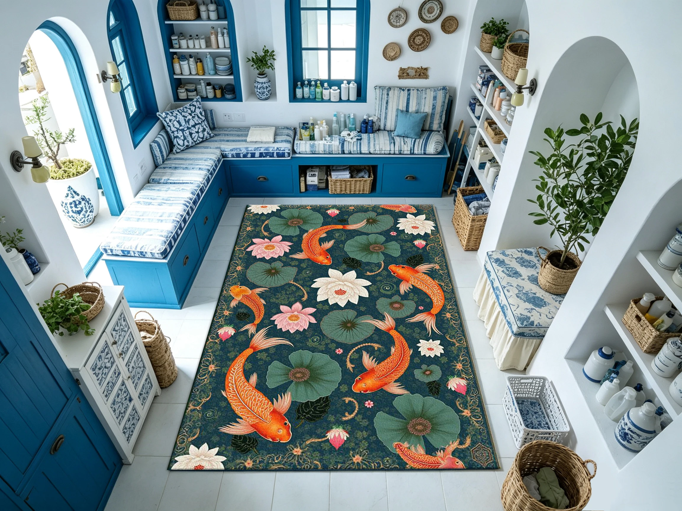 Antique Deep Teal Koi Fish and Lotus Pattern Carpet Oriental Vintage Home Carpet Suitable for Living Room Bedroom Interior Decoration